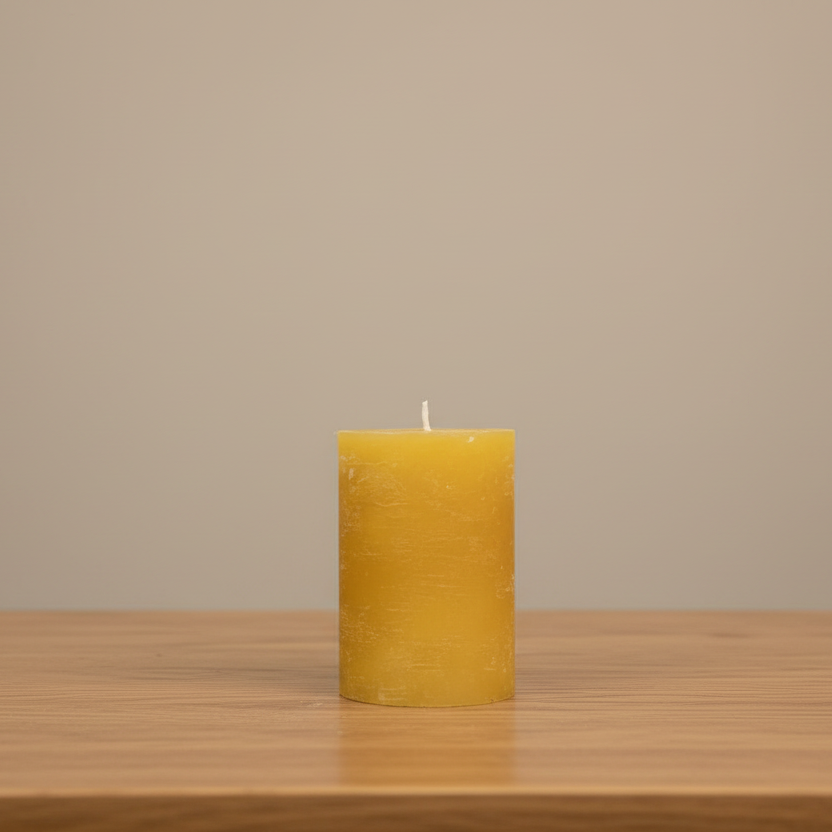rustic candle on a wooden surface and a neutral background