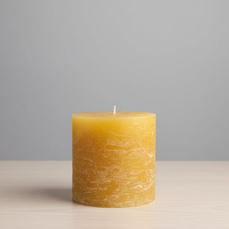 mustard candle on a light brown surface and a grey background
