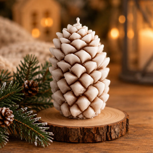 A frosted candle placed on a wooden coaster with some Christmas decor