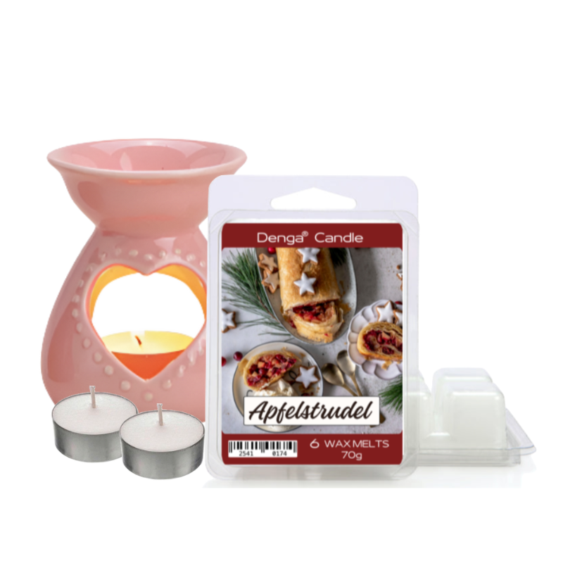 Pink wax warmer with three tealight candles and a package of 'Apfelstrudel' wax melts on a white background.
