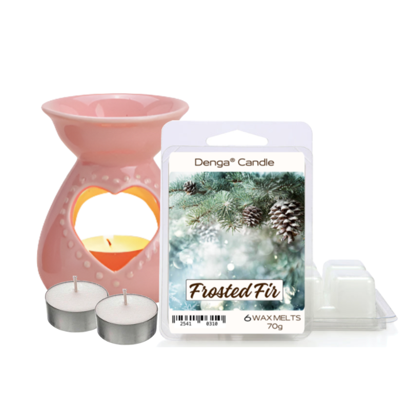Pink wax warmer with candles and a package of Denga Candle wax melts on a white background