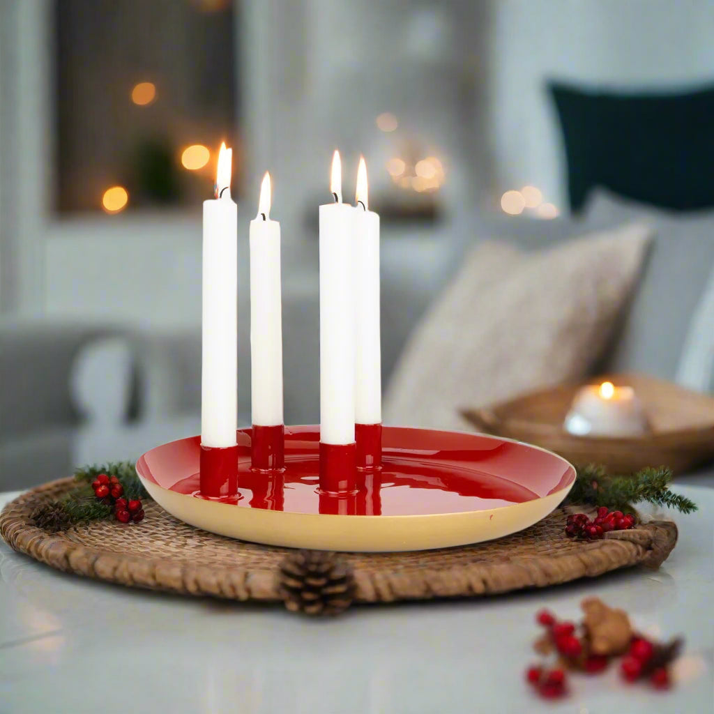 green metal plate-with-4-dinner-candle-holders-red and gold-advent