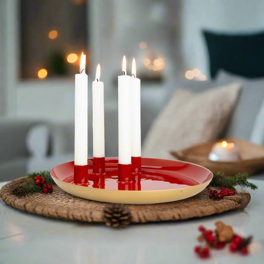 green metal plate-with-4-dinner-candle-holders-red and gold-advent