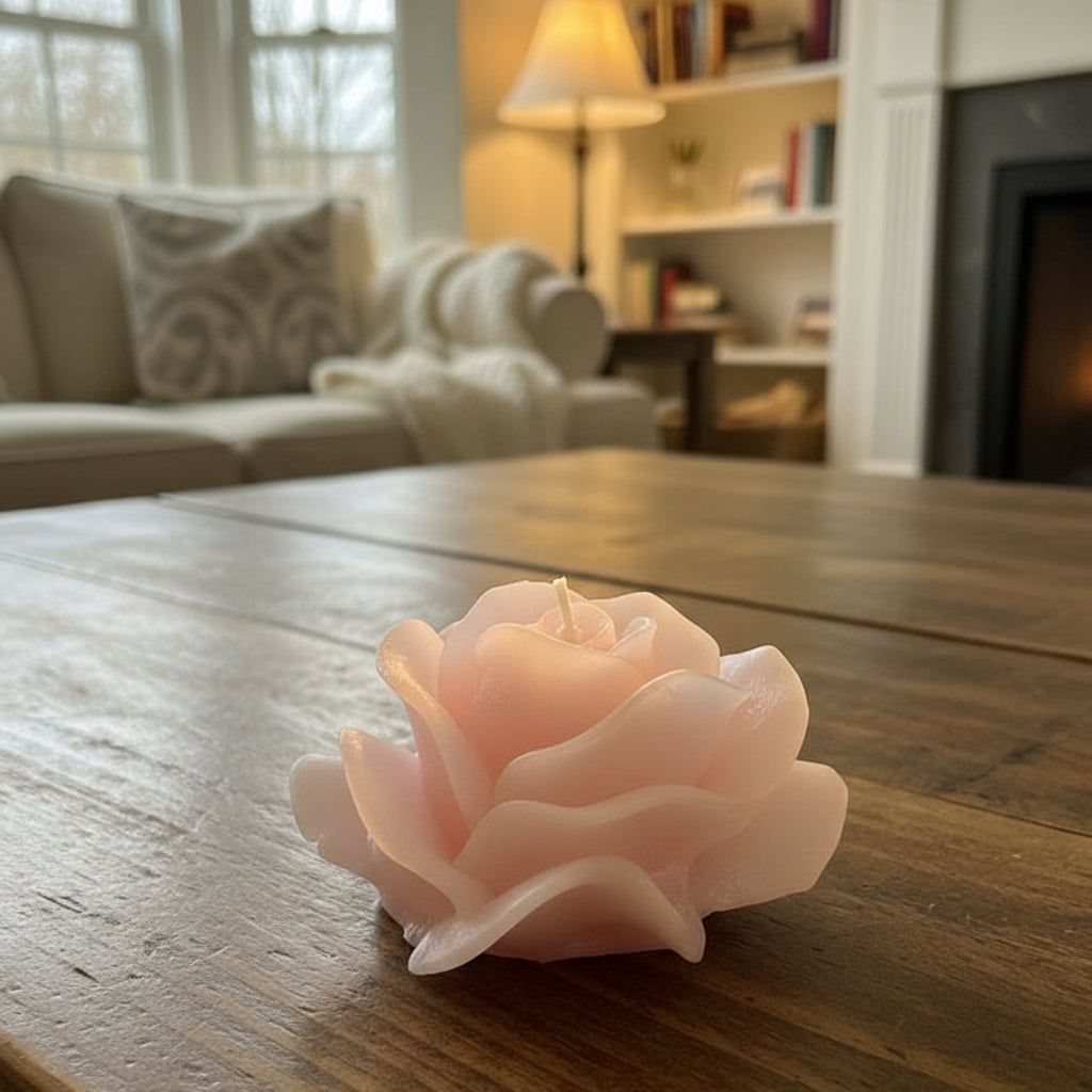 rose blossom shaped candle on a wooden table in a living room