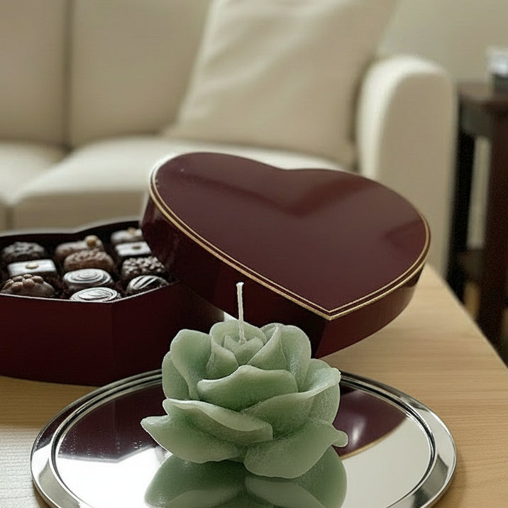 rose blossom candle sage on a mirror plate on a wooden table with pralines behind in a living room
