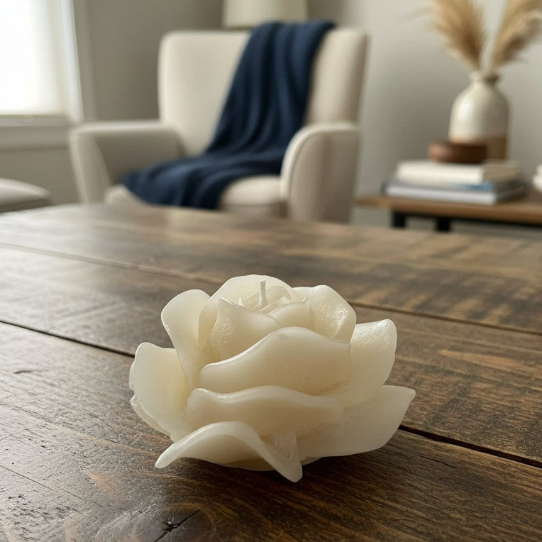 White rose-shaped candle on a wooden table in a living room