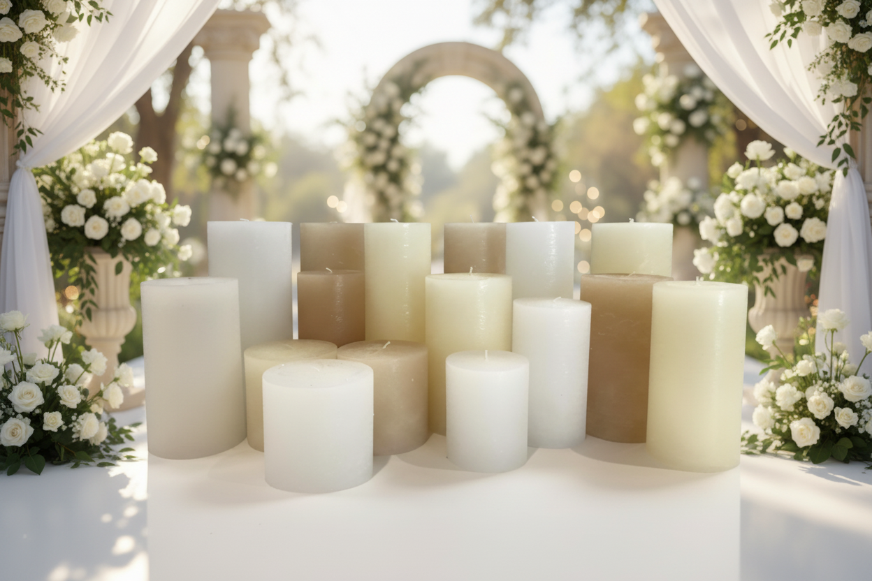 Assorted beige and white candles on a white surface with a neutral background