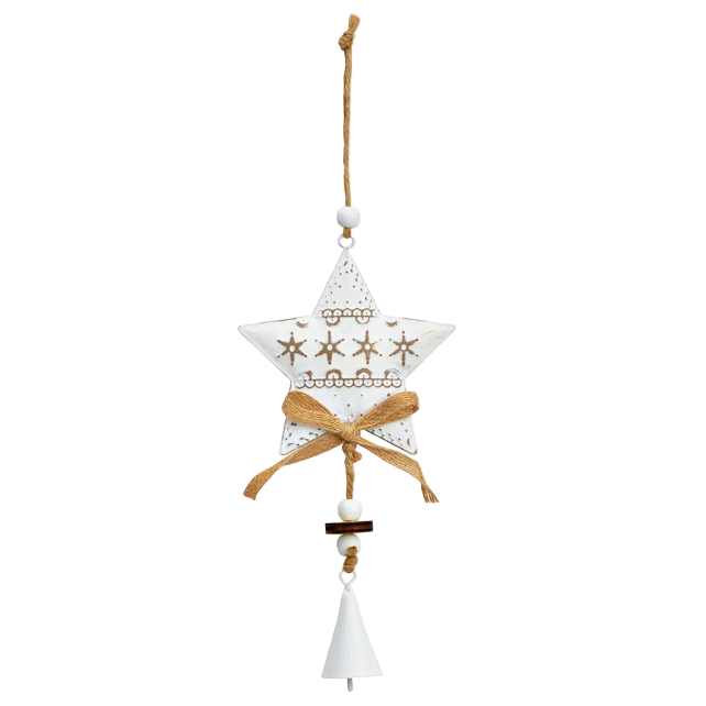 Decorative star-shaped hanging metal ornament with a bell on a white background