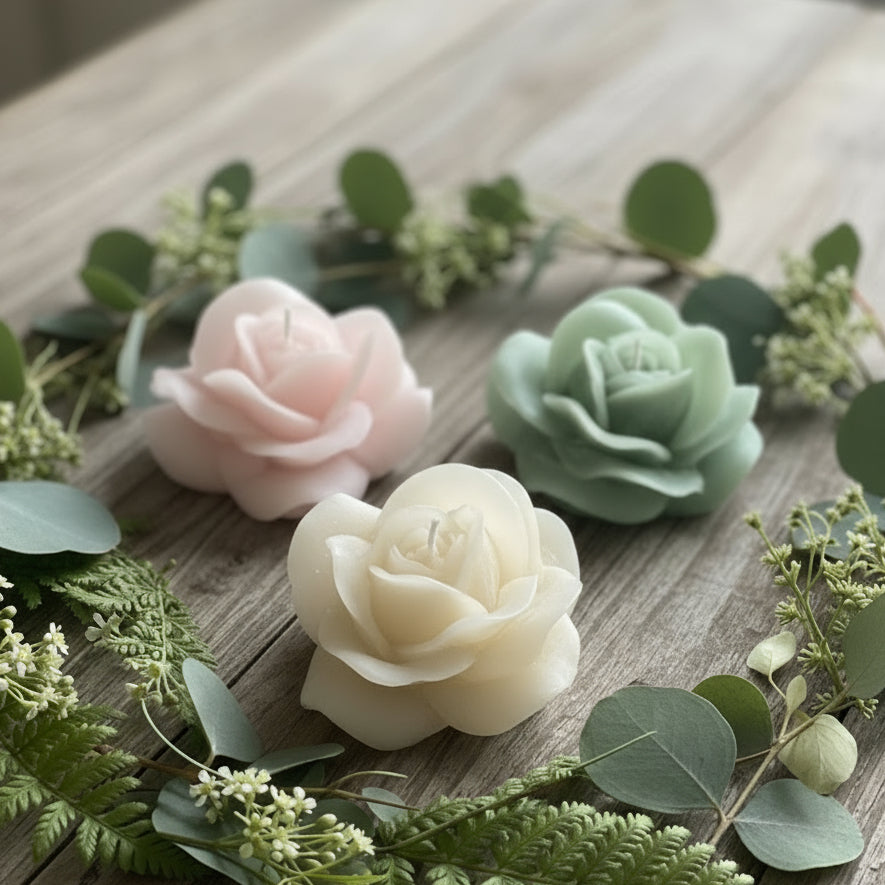 three rose blossom candles on a wooden table with eucalyptus leaves and fern around