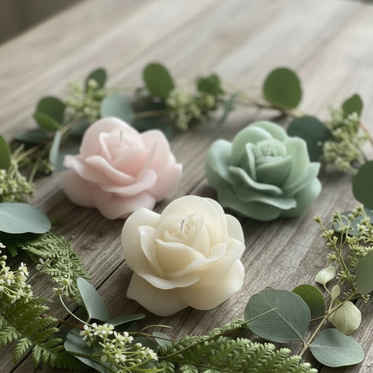 three rose blossom candles on a wooden table with eucalyptus leaves and fern around