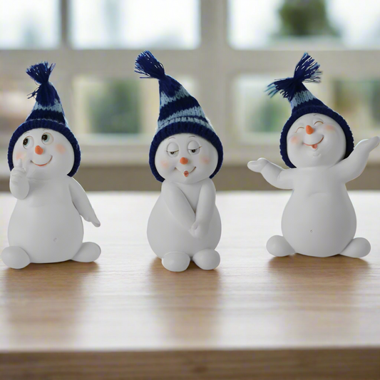 3 snowmen figurines with blue beanie