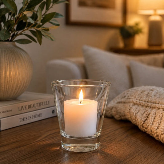 A lit white pillar candle in a clear glass holder sits on a wooden table in a cozy living room setting with a sofa, lamp, and books in the background.
