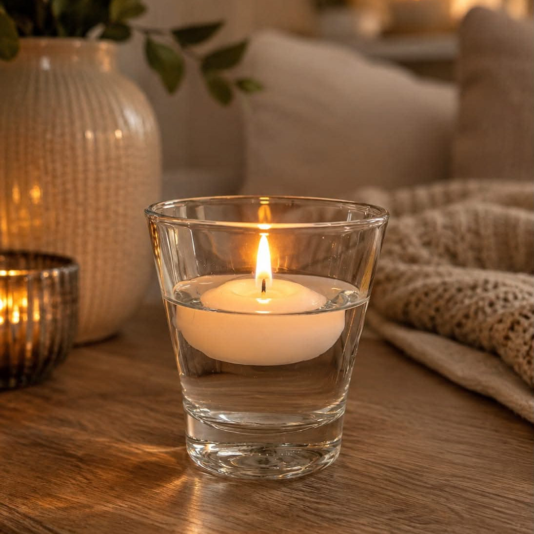 A lit white tea light candle floating in a clear glass holder, placed on a wooden table in a cozy living room setting with warm ambient lighting.
