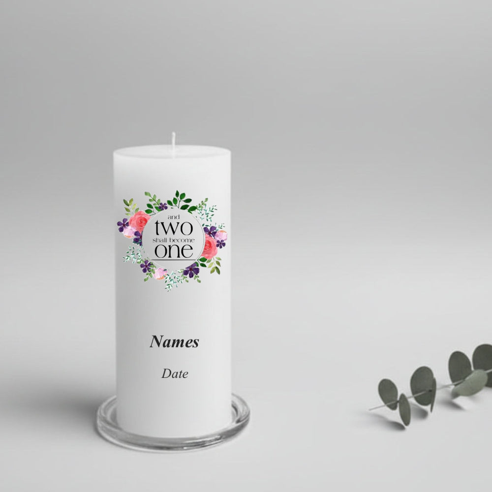 A white candle with a floral printed label text and customisation section for 'Names' and 'Date'