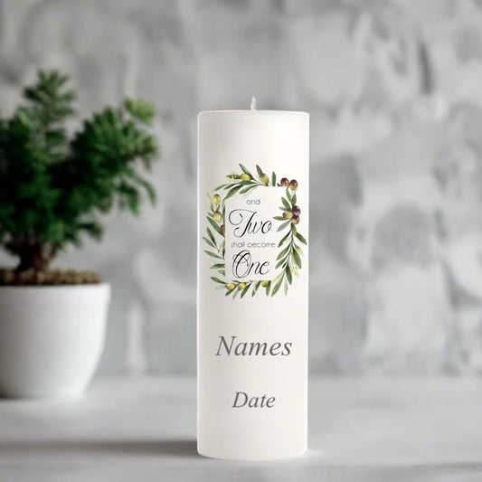 White wedding candle with olives frame design and text on for customization.