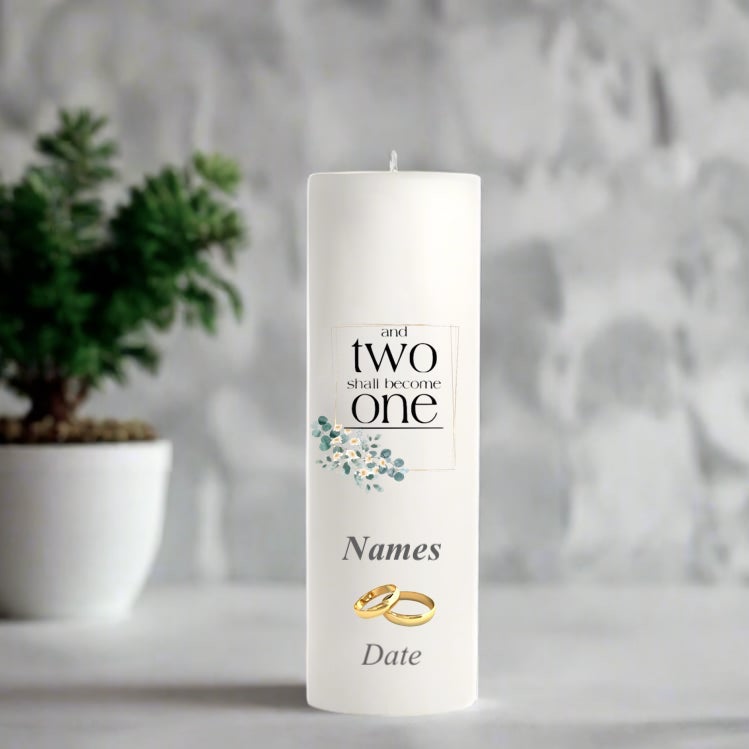 White wedding candle with text and design elements on a neutral background