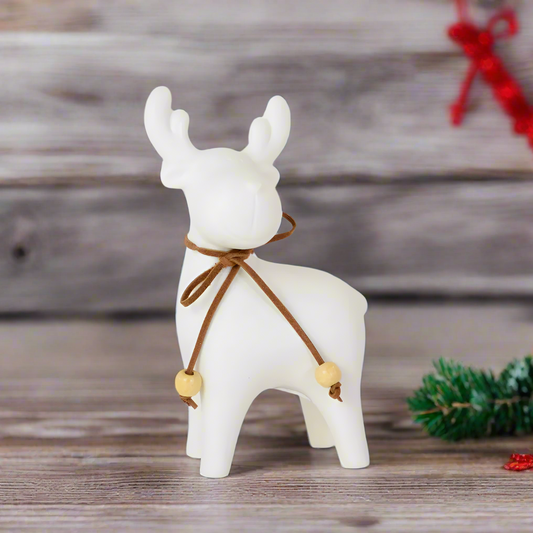 Cute white ceramic deer elk figurine with brown leather strap and wooden beads 