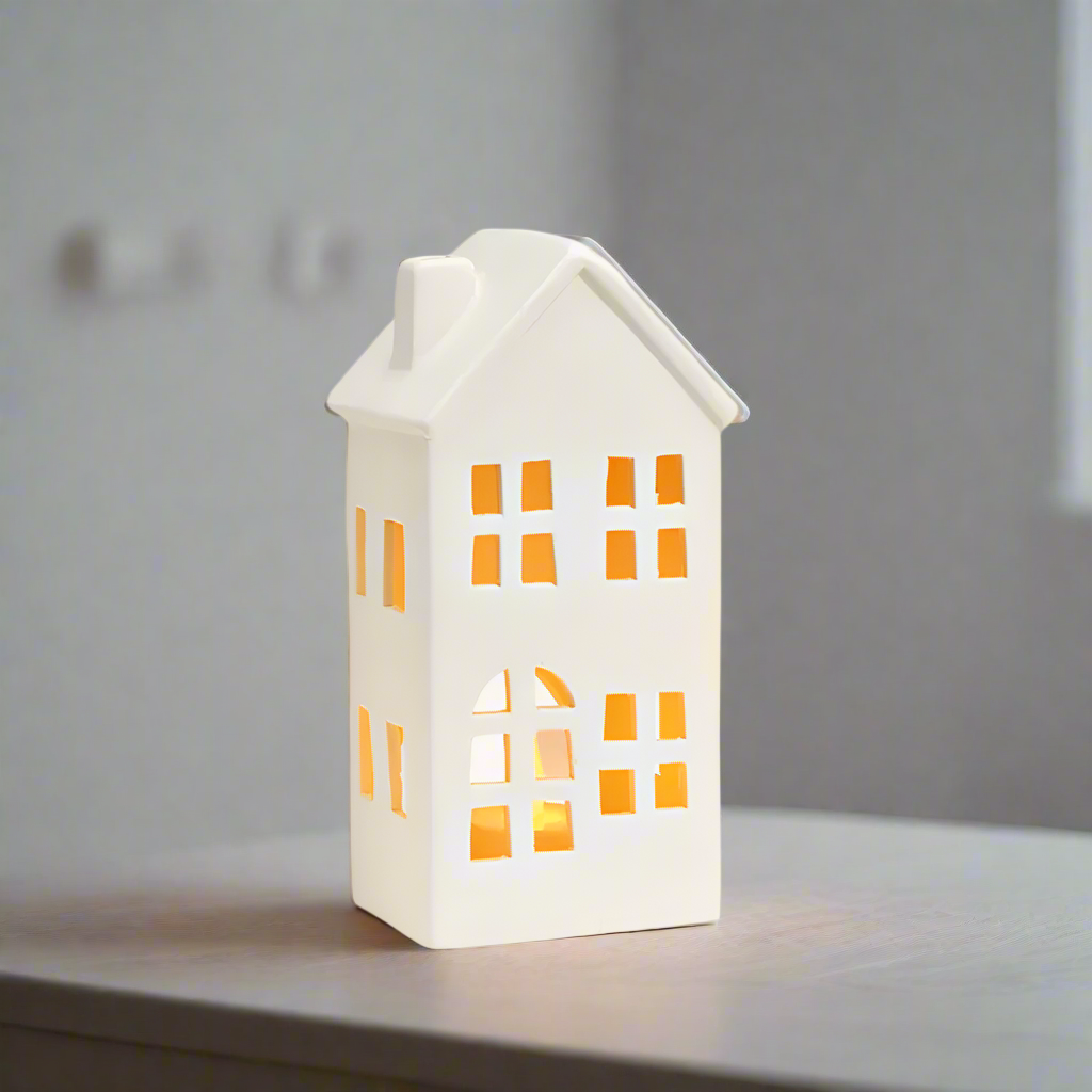 White house-shaped ceramic lantern with tealight inside on a grey background