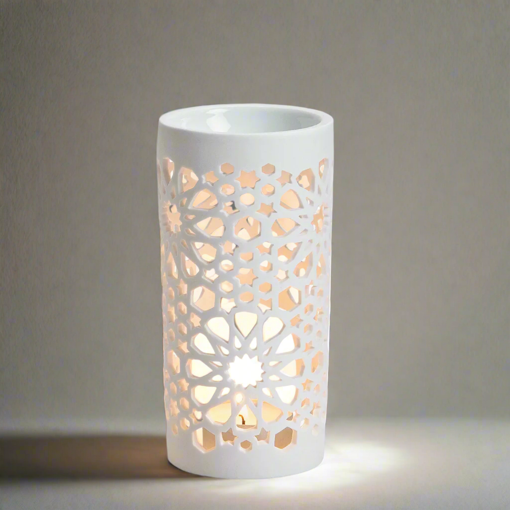 white porcelain burner with decorative cut-out pattern in a living room