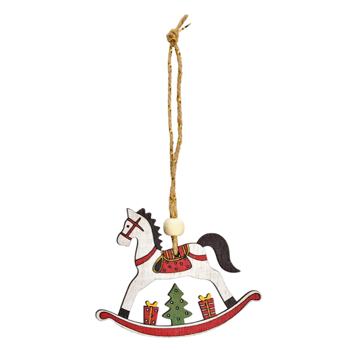 Decorative white rocking horse ornament with Christmas elements on a white background